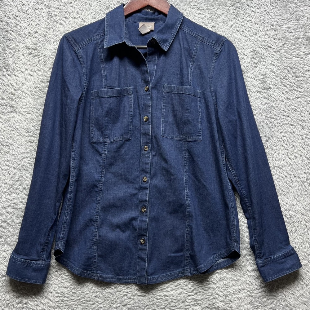 Chicos Denim Button Down Shirt Womens 1 US Medium Blue Chest Pockets Stretch